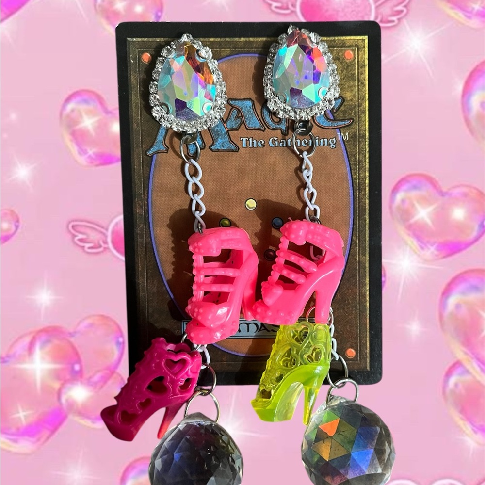 Cute Neon Heels Dangle Earrings with Aurora Crystal Studs